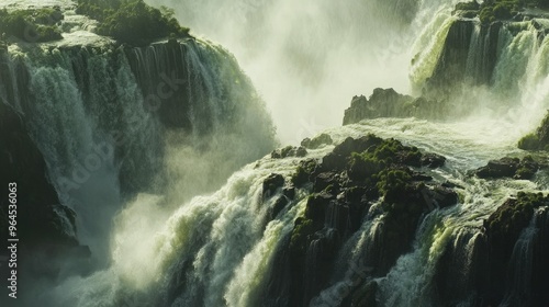 A close-up of the water cascading over the rocky cliffs at Iguazu Falls, with the mist rising in the background.