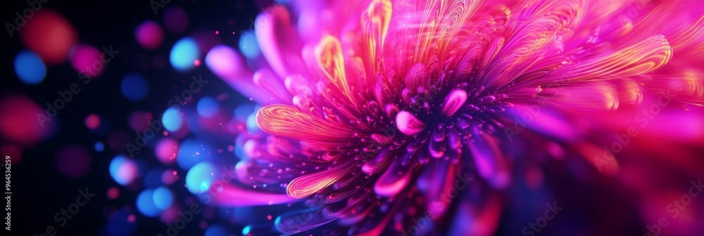 Obraz premium A stunning 3D abstract art piece featuring a vibrant, glowing flower with magenta and chartreuse colors. The image represents beauty, creativity, and the interplay of light and color.