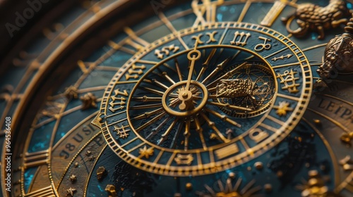 Wallpaper Mural A close-up view of an intricate vintage clock with detailed zodiac symbols and ornate craftsmanship, showcasing timeless elegance. Torontodigital.ca