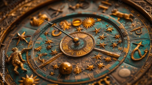 An intricate clock face adorned with zodiac symbols, showcasing timeless craftsmanship and celestial design. photo