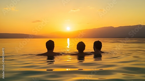 A couple enjoying a float in the Dead Sea at sunset, with the golden light casting a warm glow over the scene.