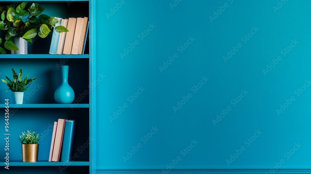 A teal bookshelf with three shelves, adorned with books, plants, and vases. It symbolizes organization, knowledge, and a love for nature, while the minimalist design adds a touch of modern sophisticat