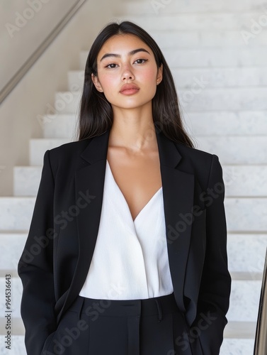 A stylish woman in a black blazer and white blouse stands confidently on stairs, her gaze directed forward. She exudes professionalism, ambition, and determination, symbolizing success, power, and upw photo