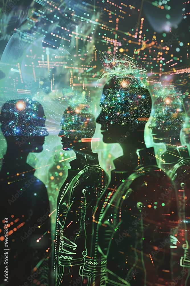Obraz premium Immersed in the Virtual Realm - Futuristic Digital Artwork of Humanoid Figures in Virtual Reality Simulation