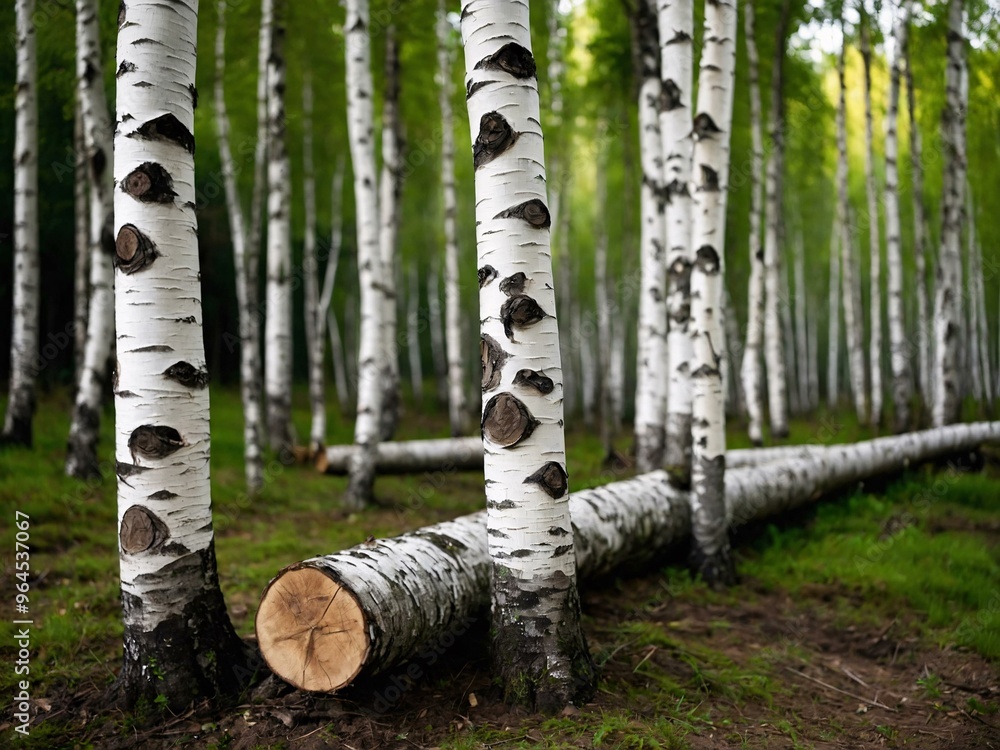 Collection of birch trunks arranged in a pile for a natural appearance. Collection of birch trunks arranged in a pile for a natural appearance.
