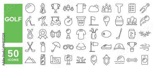 Set of 50 line icons related to golf, flag, umbrella, ball, stick, glove, cart, hole, trophy, medal, golfer, Editable stroke. Vector illustration