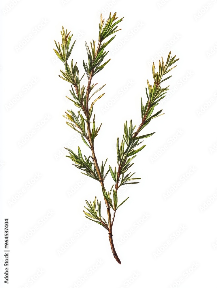 Fototapeta premium A vibrant green rosemary sprig with delicate leaves, capturing the essence of freshness and nature. This isolated image symbolizes growth, resilience, and the natural beauty of herbs.