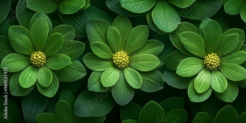 Close-up of green flowers with layered petals against a lush green background. photo