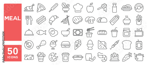 Set of 50 line icons related to meal, food, bowl, pasta, chicken, fish, sandwich, soup, meat, vegetables, pot, sushi, pizza, Editable stroke. Vector illustration