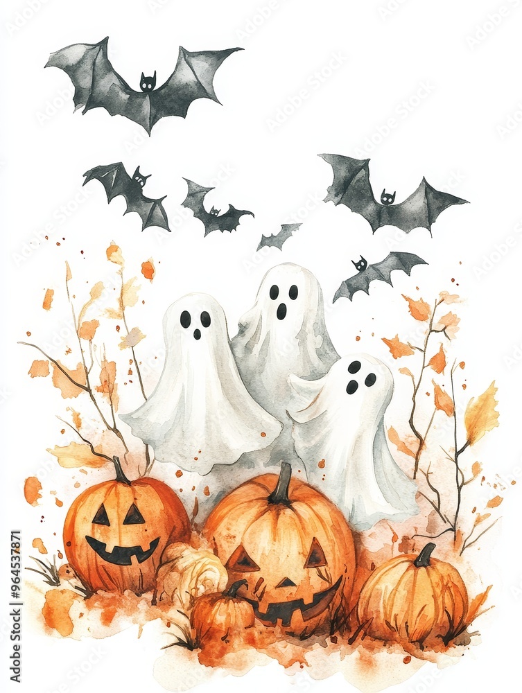 Fototapeta premium A watercolor illustration featuring three friendly ghosts, jack-o-lantern pumpkins, and flying bats in a whimsical autumn setting. The image symbolizes Halloween, fall, and the spirit of the season.