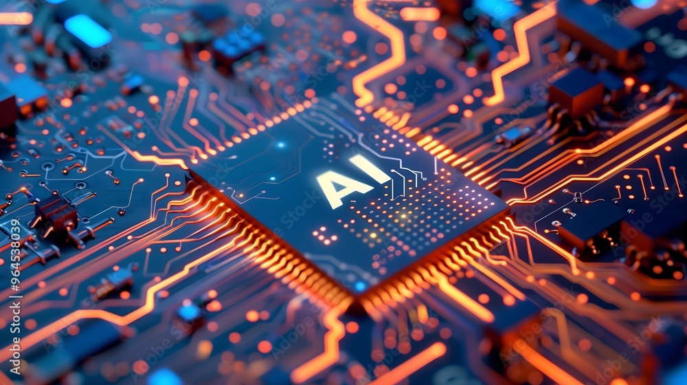 AI Processor Chip on Circuit Board with Glowing Orange Connections for Artificial Intelligence_4