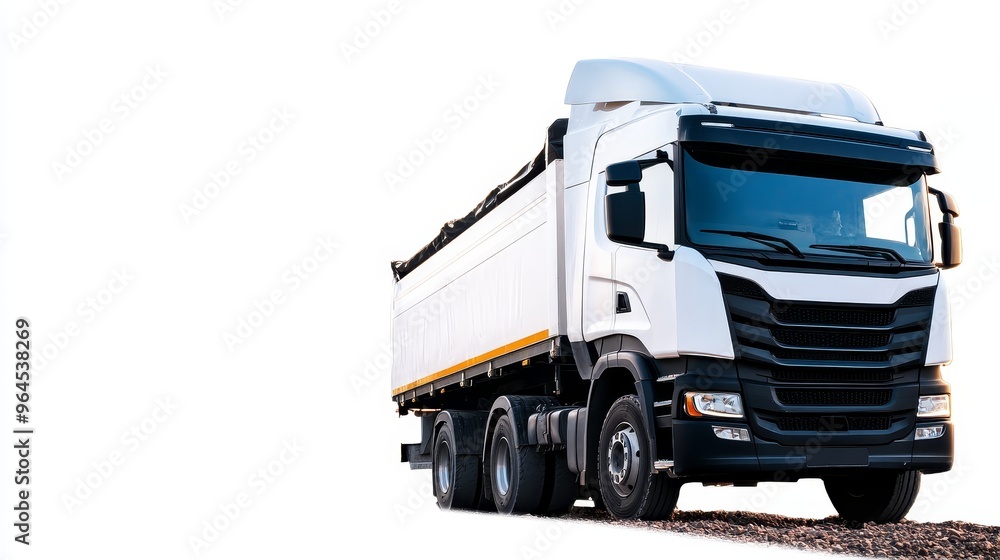 A white tipper truck is isolated on a white background, symbolizing transportation, logistics, construction, heavy duty vehicles, and industrial power. A white tipper truck is isolated on a white background, symbolizing transportation, logistics, construction, heavy duty vehicles, and industrial power.
