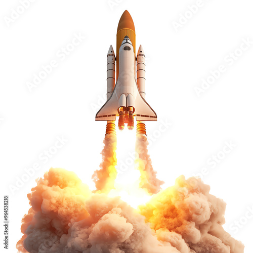 A dynamic rocket launching into space, leaving a trail of smoke and fire, symbolizing exploration and innovation.