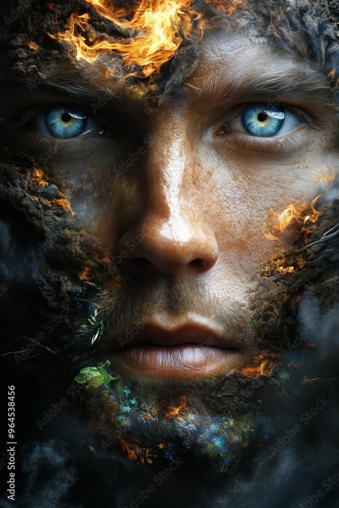Male with fiery and earthy features, intense blue eyes amidst flames and foliage. Male with fiery and earthy features, intense blue eyes amidst flames and foliage.
