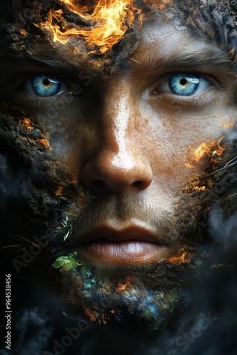 Male with fiery and earthy features, intense blue eyes amidst flames and foliage.