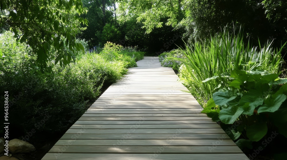 A wooden pathway winds through a verdant garden, offering a tranquil escape into nature. Sunlight filters through the canopy of trees, casting dappled shadows on the path. Lush foliage and vibrant flo A wooden pathway winds through a verdant garden, offering a tranquil escape into nature. Sunlight filters through the canopy of trees, casting dappled shadows on the path. Lush foliage and vibrant flo