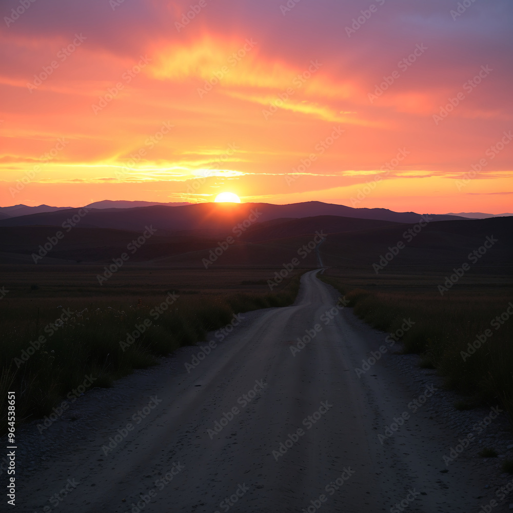 Fototapeta premium Rural Dirt Road Leading to Vibrant Sunset over Rolling Hills