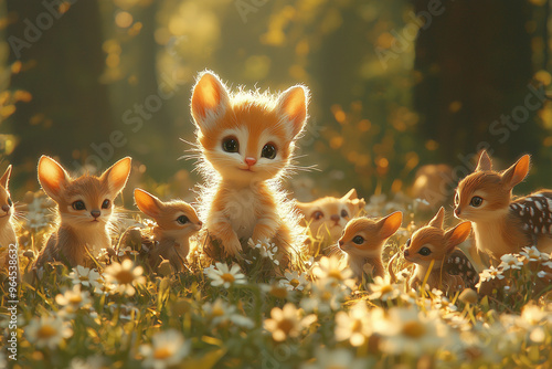 group of mouse beastfolk and deer fawns gathered in a sunlit meadow surrounded by flowers and soft grasses in a peaceful forest