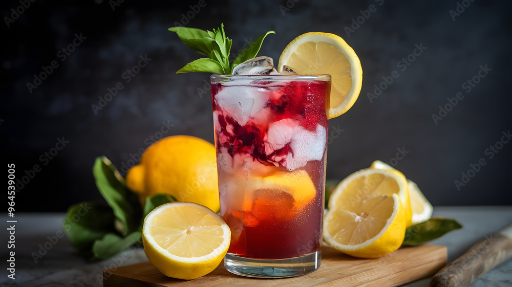 A refreshing hibiscus iced tea with a splash of lemonade, garnished with a lemon wheel and served over ice in a tall glass. A refreshing hibiscus iced tea with a splash of lemonade, garnished with a lemon wheel and served over ice in a tall glass.