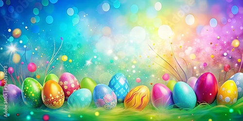 Abstract Easter themed backdrop with colorful splashes, streaks, and glowing dots