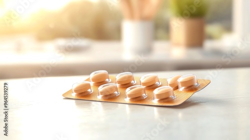 A serene scene featuring a tray of soft capsules, perfect for health and wellness concepts in natural light. photo