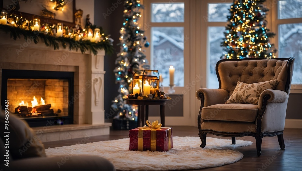 Fototapeta premium Christmas decorated interior with fireplace, armchair, window and tree
