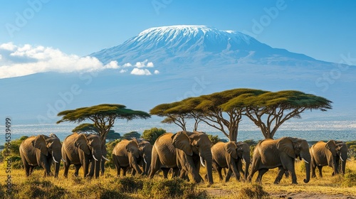 A herd of elephants walking across the savanna in Amboseli National Park with Mount Kilimanjaro in the background.