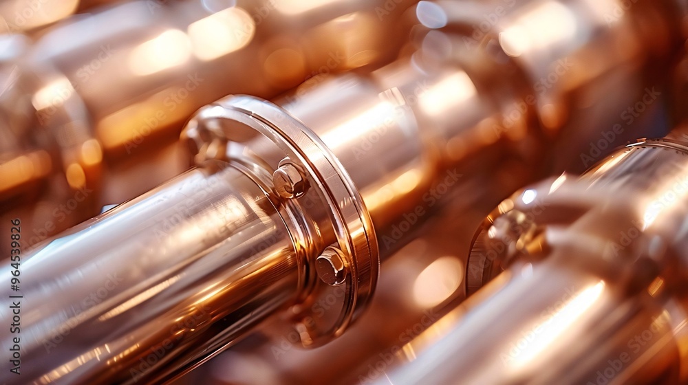 Naklejka premium Close-up of Polished Copper Plumbing Pipes with Bolts