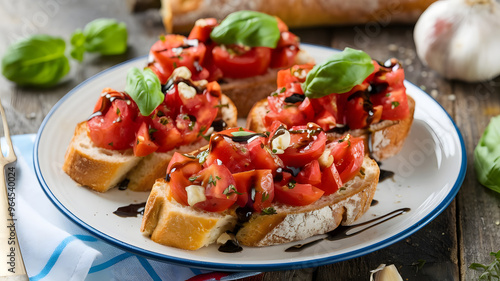 A plate of bruschetta topped with chopped tomatoes, garlic, and fresh basil, drizzled with balsamic glaze and served on toasted baguette slices.