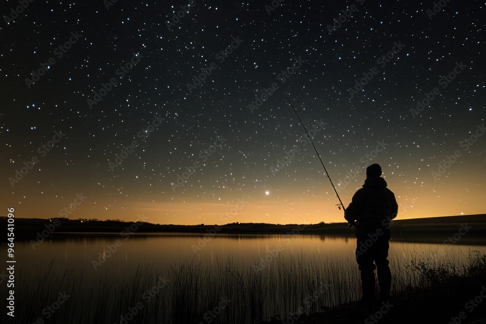 Night fishing under the stars, astro photography style, with copy space Night fishing under the stars, astro photography style, with copy space
