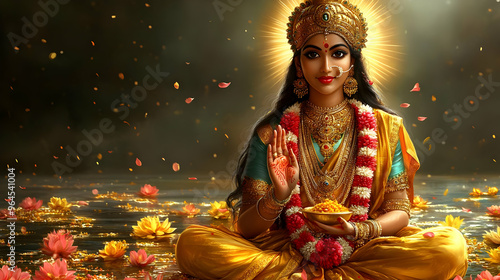 A serene depiction of a goddess surrounded by flowers and light, symbolizing prosperity and peace.