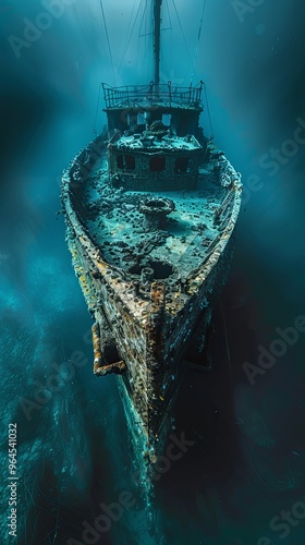 Sunken shipwreck deep underwater in the ocean photo