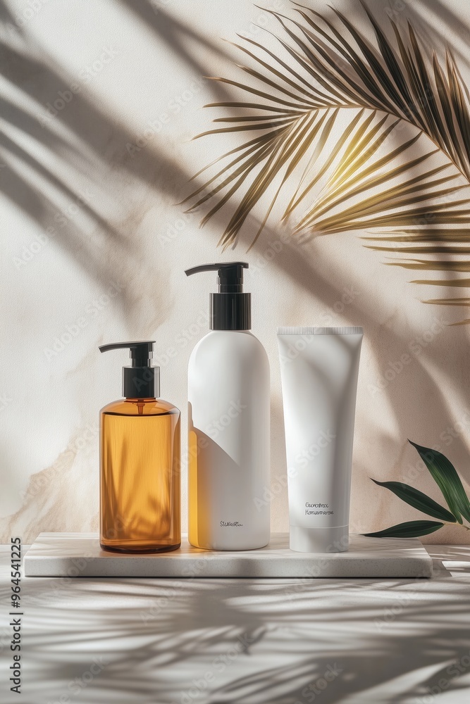 Minimalist skincare bottles on a white surface with natural shadows and light. Minimalist skincare bottles on a white surface with natural shadows and light.