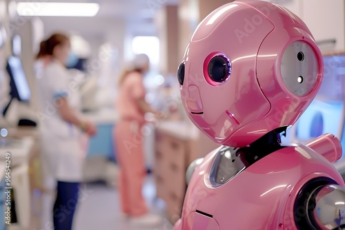 A charming pink robotic nurse assisting medical staff in a busy hospital ward