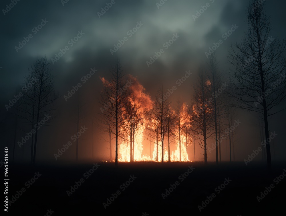 Intense Forest Fire at Night with Dramatic Smoke and Flames in a Dark, Foggy Forest Intense Forest Fire at Night with Dramatic Smoke and Flames in a Dark, Foggy Forest