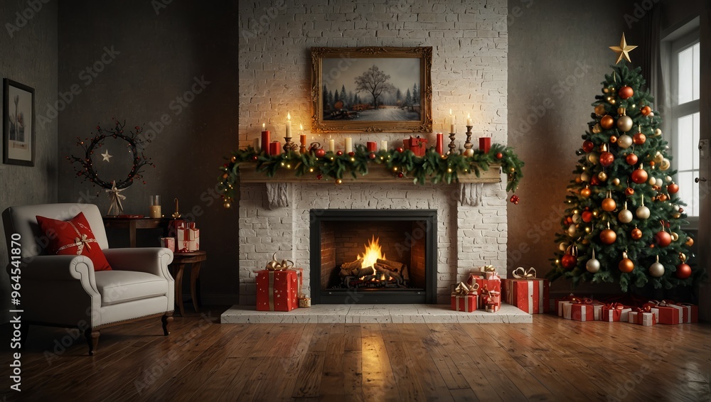 Christmas interior with tree, presents and fireplace Christmas interior with tree, presents and fireplace