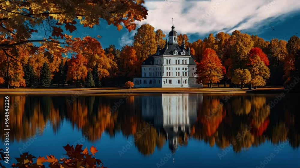 A serene autumn landscape with a white castle reflected in a calm lake.
A serene autumn landscape with a white castle reflected in a calm lake.