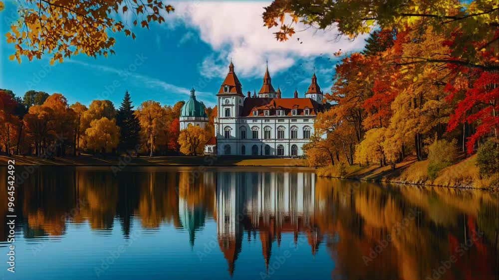 A beautiful castle surrounded by colorful autumn foliage, reflected in a calm lake.
A beautiful castle surrounded by colorful autumn foliage, reflected in a calm lake.