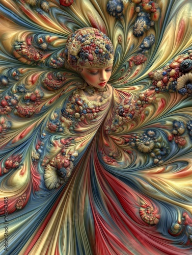 Wallpaper Mural Surreal artwork of a female figure with intricate, colorful patterns swirling around her. Torontodigital.ca