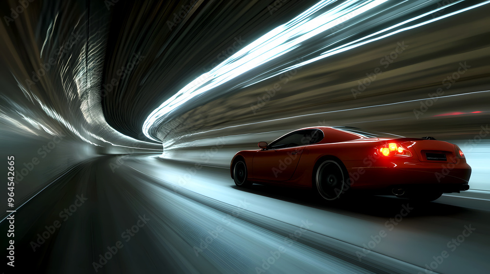 The vehicle zips through an empty tunnel, the lights flickering overhead as the car accelerates smoothly The vehicle zips through an empty tunnel, the lights flickering overhead as the car accelerates smoothly