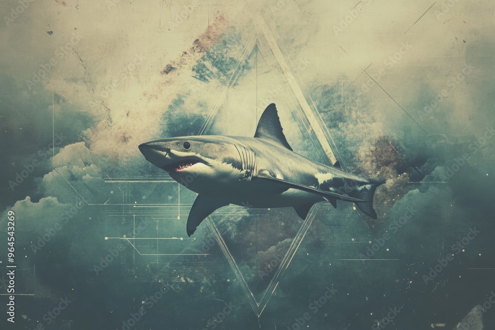 Fototapeta premium Shark in a dystopicpunk style with symmetrical balance composition, with copy space