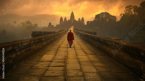 A monk walking along the ancient stone pathways of Angkor Wat, with the temple spires visible in the background. photo