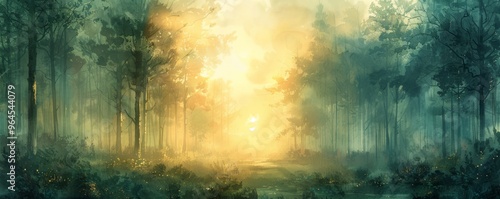 A painting of a forest with a bright yellow sun shining through the trees. The mood of the painting is peaceful and serene