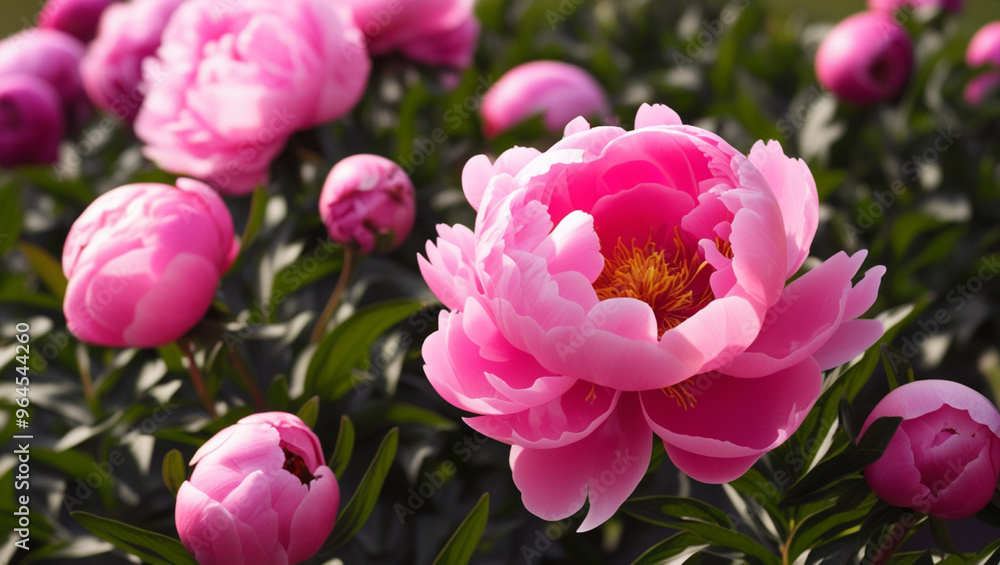 Pink peonies blooming in the garden. Pink peonies blooming in the garden.