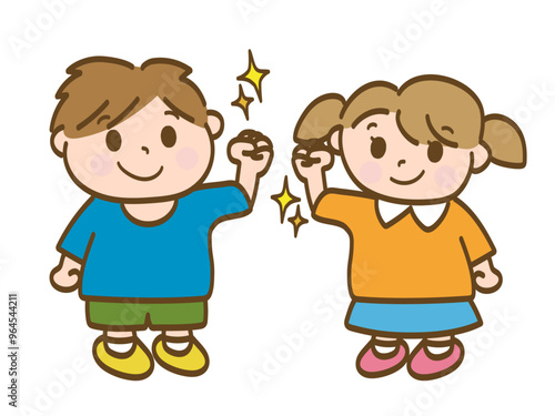 ガッツポーズでやる気満々の男の子と女の子の全身イラスト（小学生低学年、幼児）