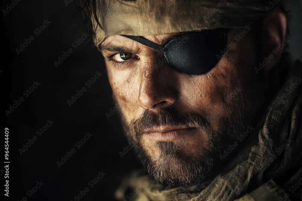 Fototapeta premium Soldier with an eye patch, war photography style, with copy space
