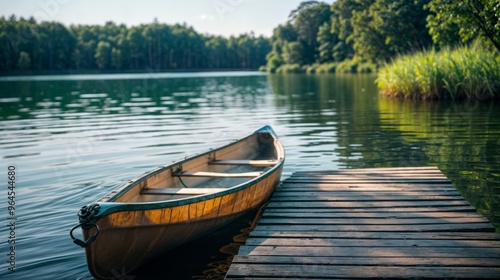 Fototapeta Naklejka Na Ścianę i Meble -  A canoe sits docked by a wooden pier on a calm forest lake, surrounded by lush greenery and reflecting the tranquility of nature..