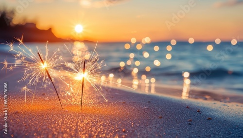 sparklers on the beach at sunset with bokeh lights