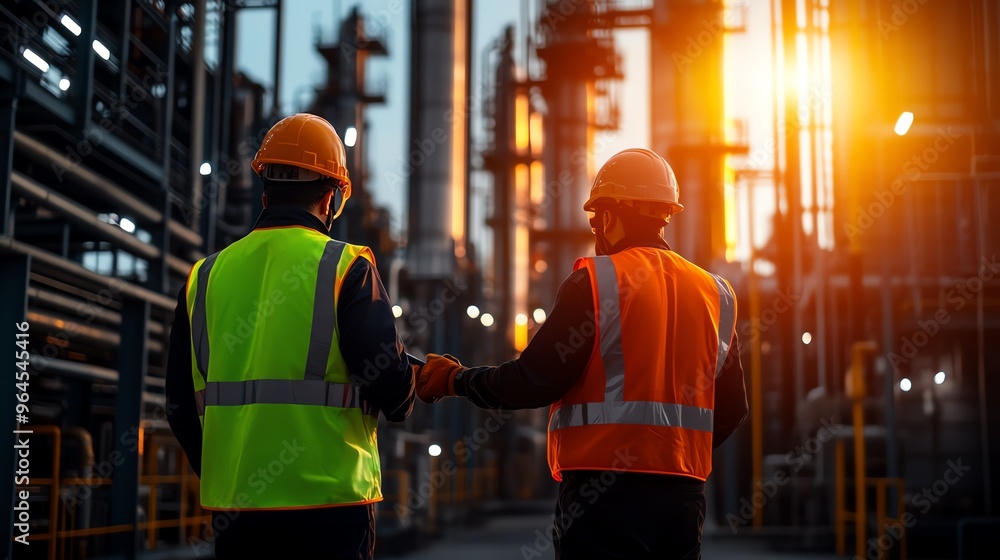 Two construction workers in helmets shake hands at sunset, symbolizing teamwork and collaboration in an industrial setting. Two construction workers in helmets shake hands at sunset, symbolizing teamwork and collaboration in an industrial setting.