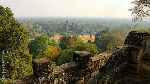 A panoramic view of Angkor Wat from the top of Phnom Bakheng, with the surrounding jungle visible. photo